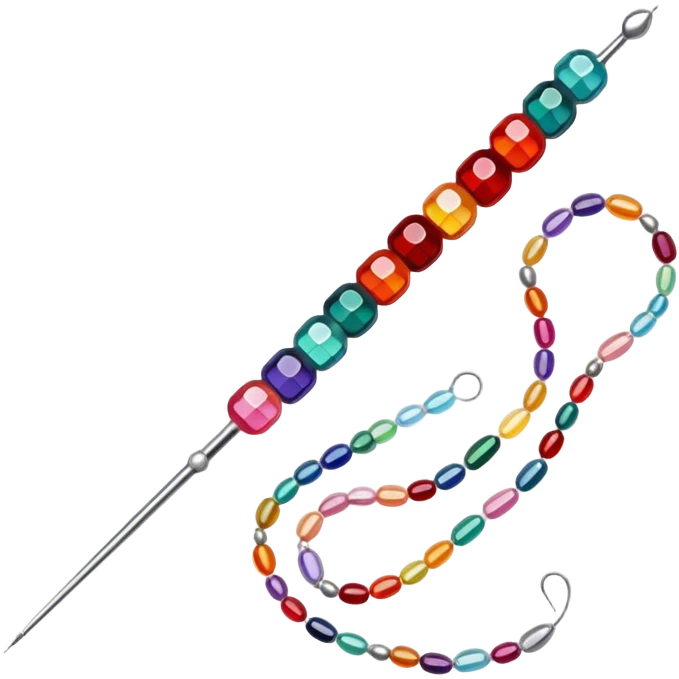 Create an icon that represents the hobby of beadwork, including colorful beads, thread, and a beading needle or tool. The design should capture the essence of beadwork with an artistic, crafty vibe. The icon should be simple yet detailed, showcasing the creativity and precision involved in beadwork. The background should be transparent. emoji