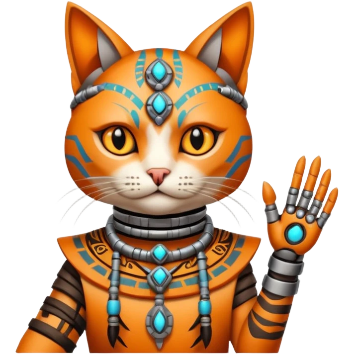 cat, wear tribal shaman cloth, hand cyberborg emoji