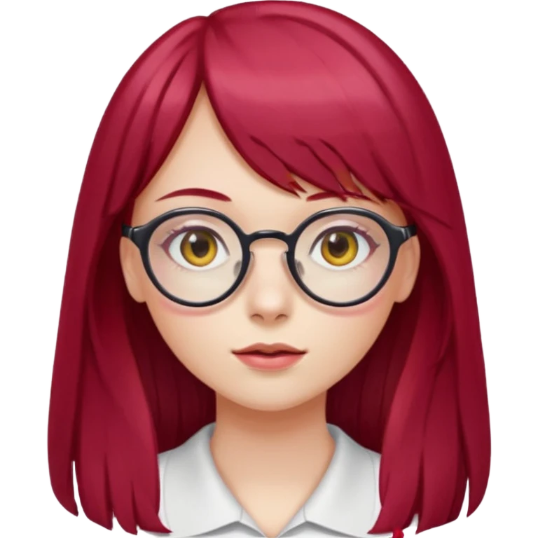 Menina com cabelos longos vermelho Cherry, liso com franja,olho direito ROSA e olho esquerdo amarelo,pele clara e com oculos  emoji