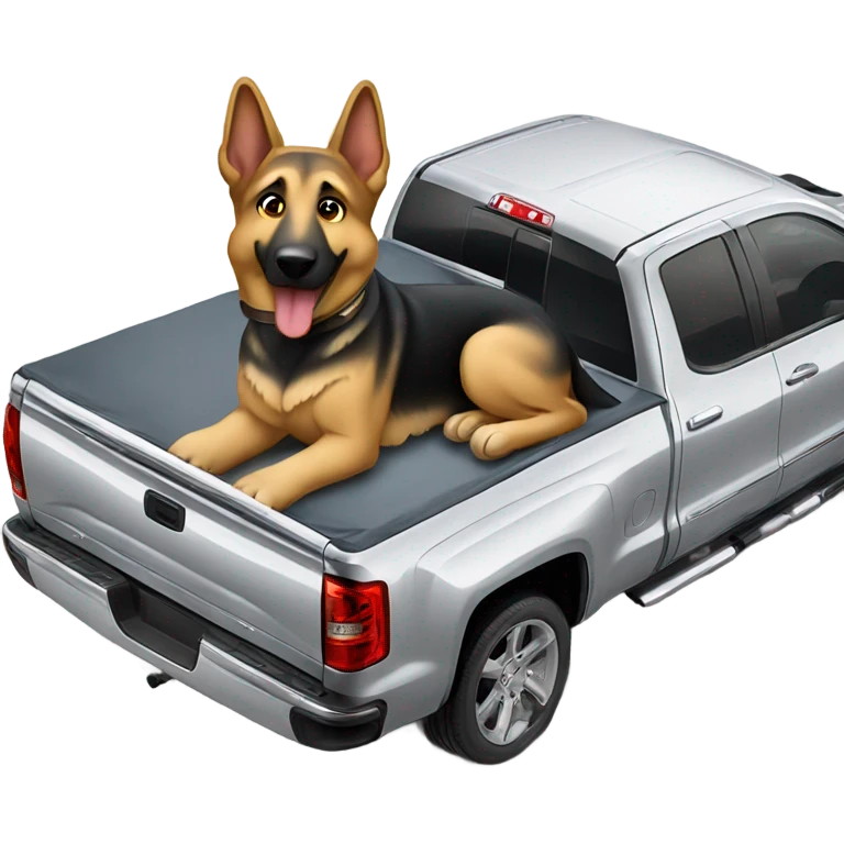 German shepherd riding in the bed of a silver silverado  emoji
