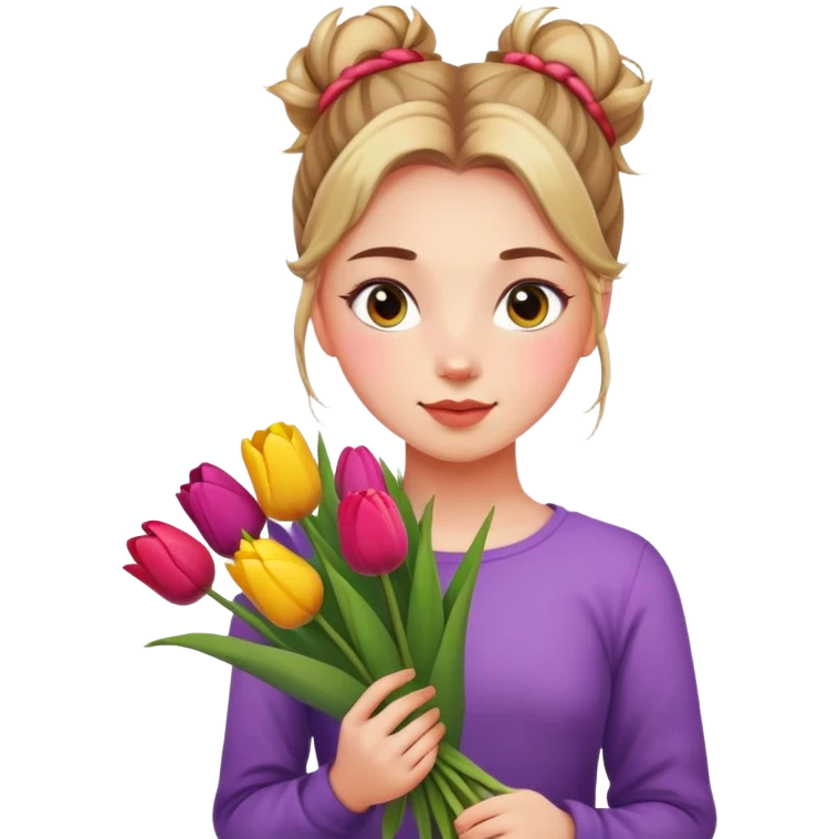 A girl with a messy bun, holding a bunch of tulips. emoji