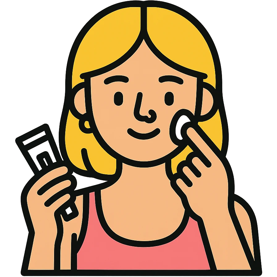 mulher loira com piercing no nariz aplicando skincare emoji