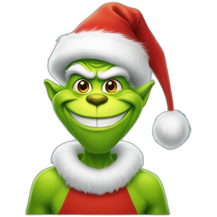 Grinch in santa hat with his iconic smile emoji