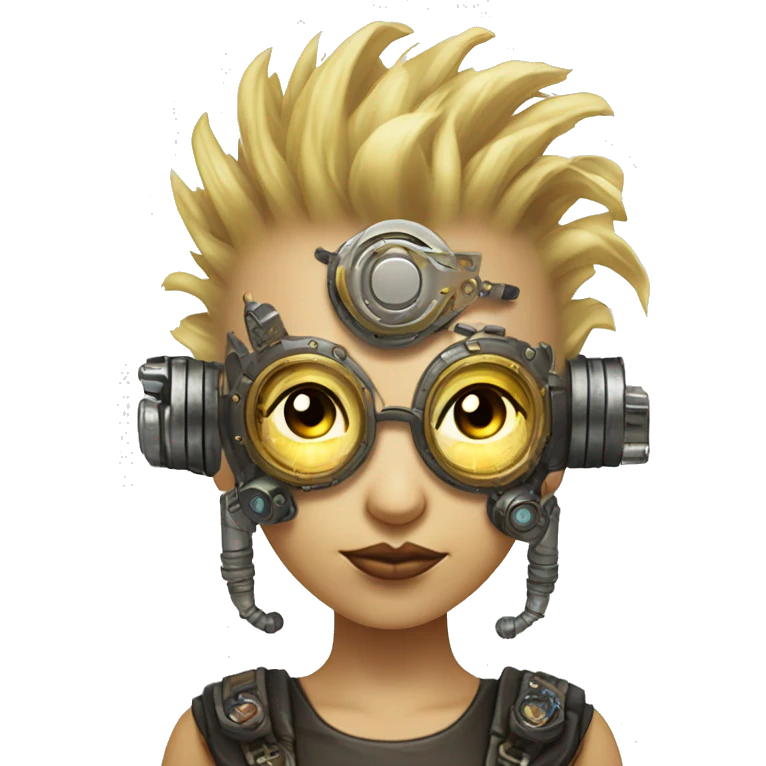 Light yellow Mohawk hair female cyborg head, tan skin, steampunk goggles and circuits emoji