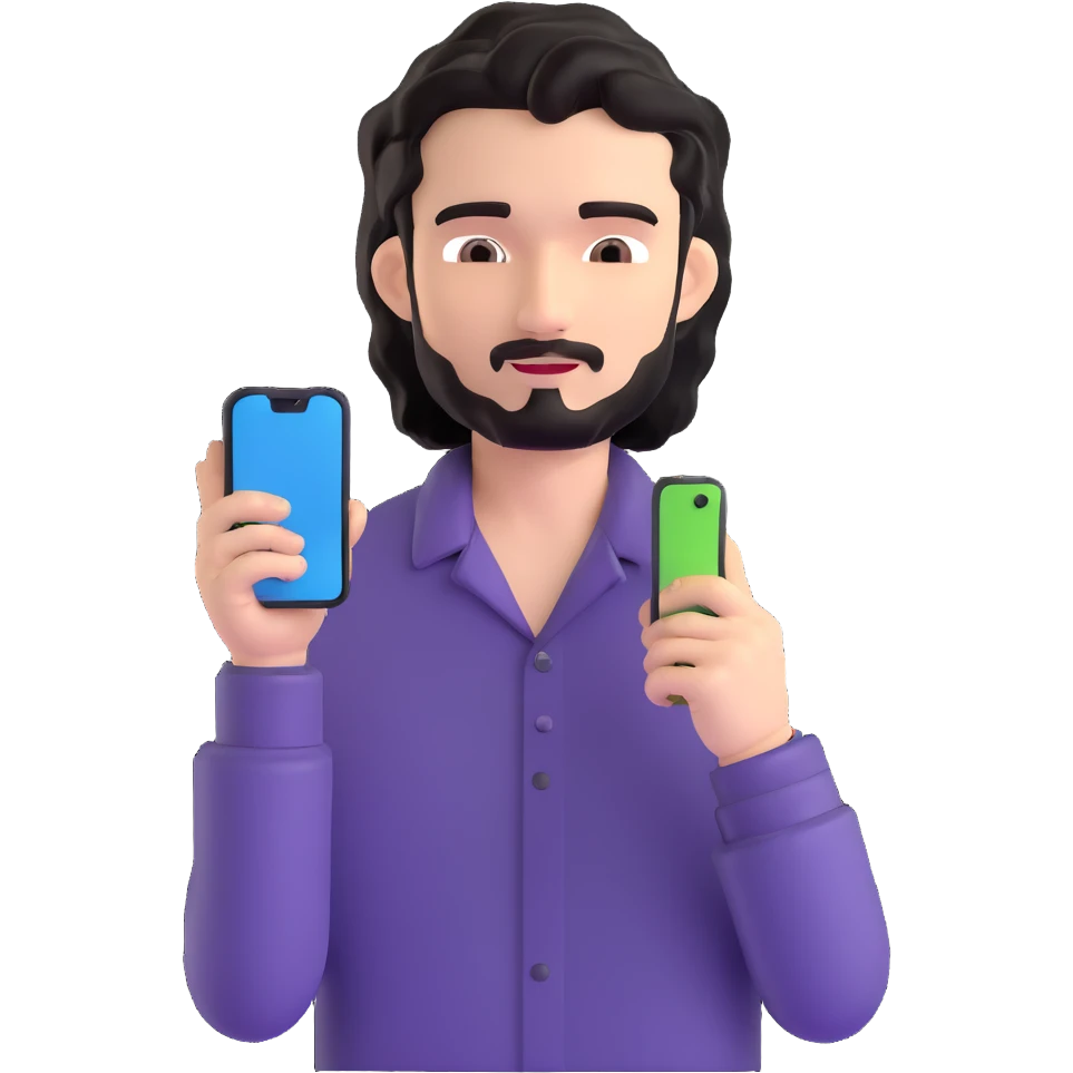 Business professional with black wavy hair, stubble, chiseled face, in casual attire with open collar shirt, relaxed pose with smartphone, warm approachable expression, modern and relatable for social media profile emoji