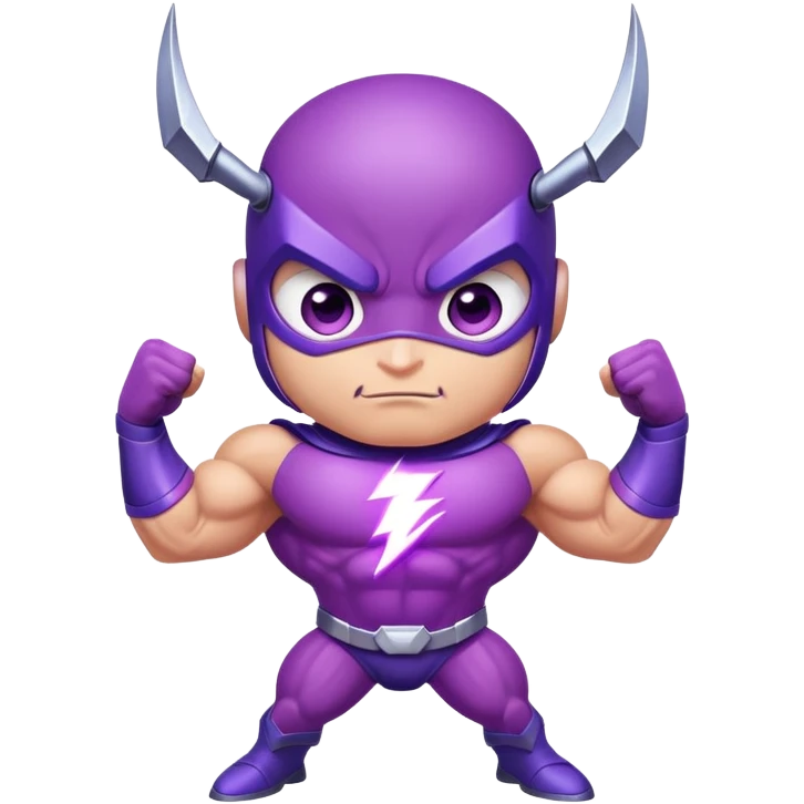 cute purple insect superhero with determined confident eyes, bulging biceps and muscles, electric lightning extending from arms, and a cool smirking expression emoji