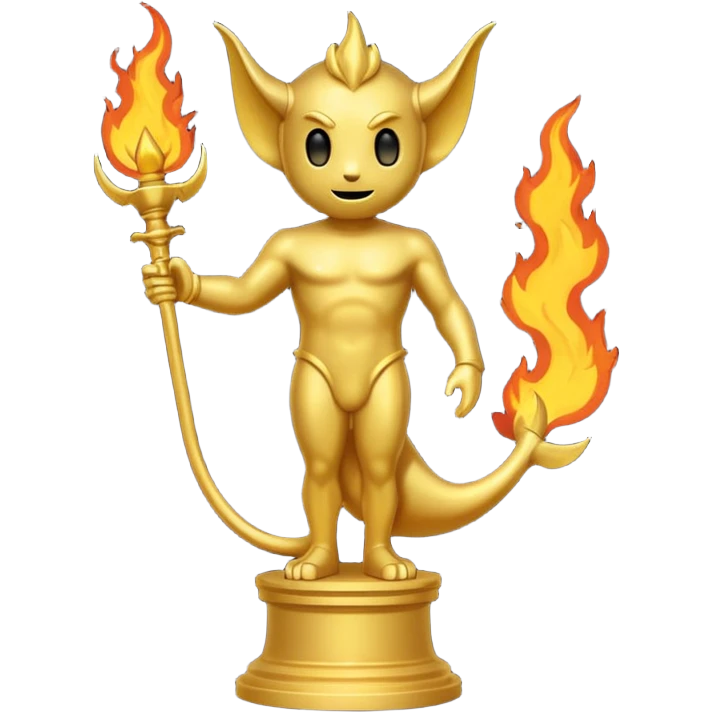 Minimalist emoji-style sticker of a full-body Oscar-like statue, completely gold, with small devil horns on the head and a pointed tail subtly wrapping around the leg. The statue stands on a dark pedestal surrounded by faint fire or smoke.  emoji