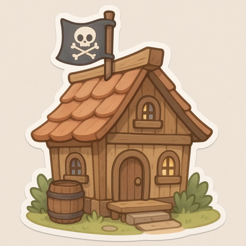 old pirate's house with skull flag emoji