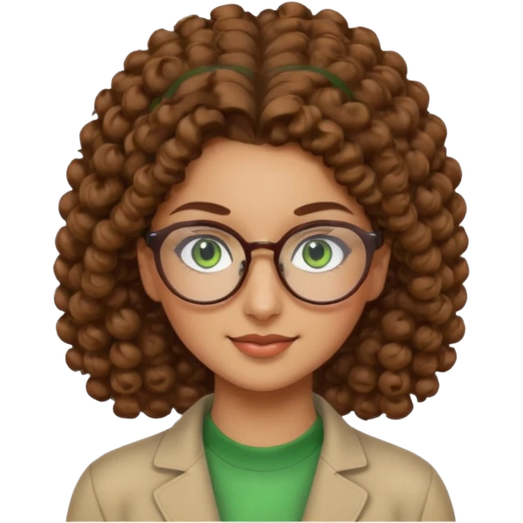 iranian woman, tight curly light brown hair in pony tail, glasses, green eyes, pretty, oval shape face emoji