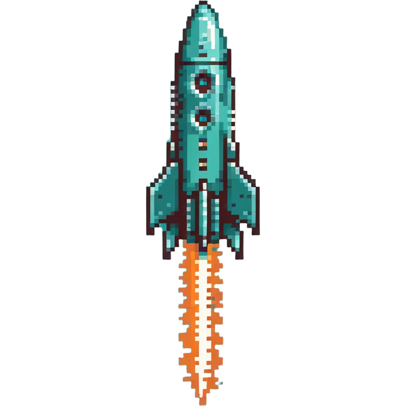 robotic teal spaceship launching to the right with rocket flames emoji