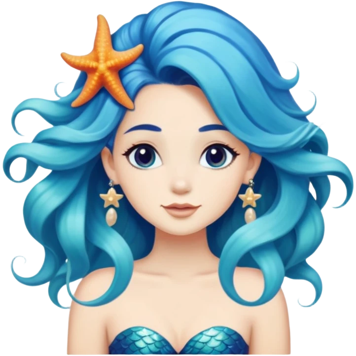 mermaid with seashells in hair, starfish earrings, ocean hair emoji
