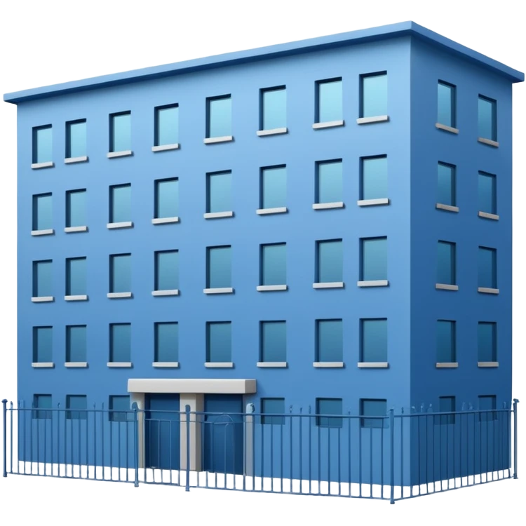 blue rectangular 9-story apartment building surrounded by fence, closed courtyard, minimal flat vector icon emoji