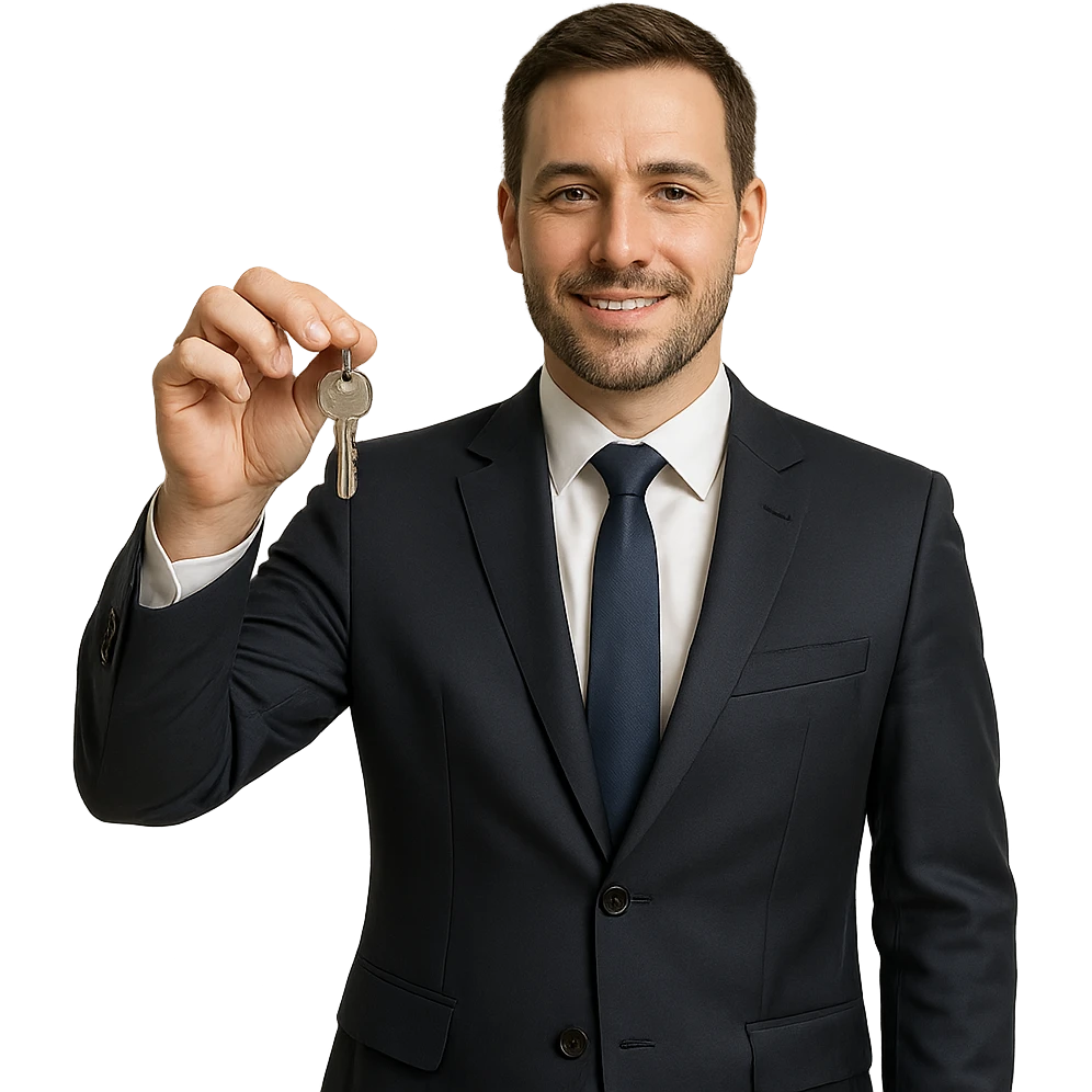 realistic style real estate agent wearing a suit, holding a house key, neutral background emoji