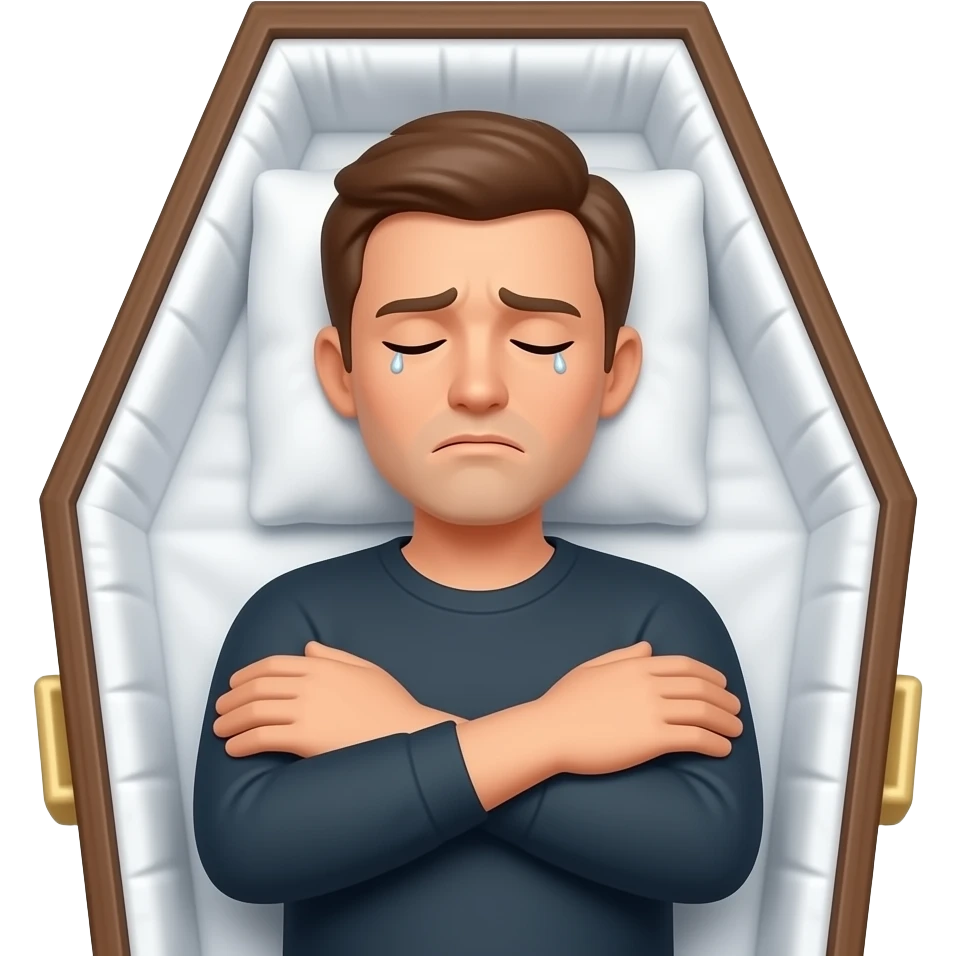 Me laying in a coffin with my arms crossed on my chest with hands in shoulders with closed eyes and stressed face emoji