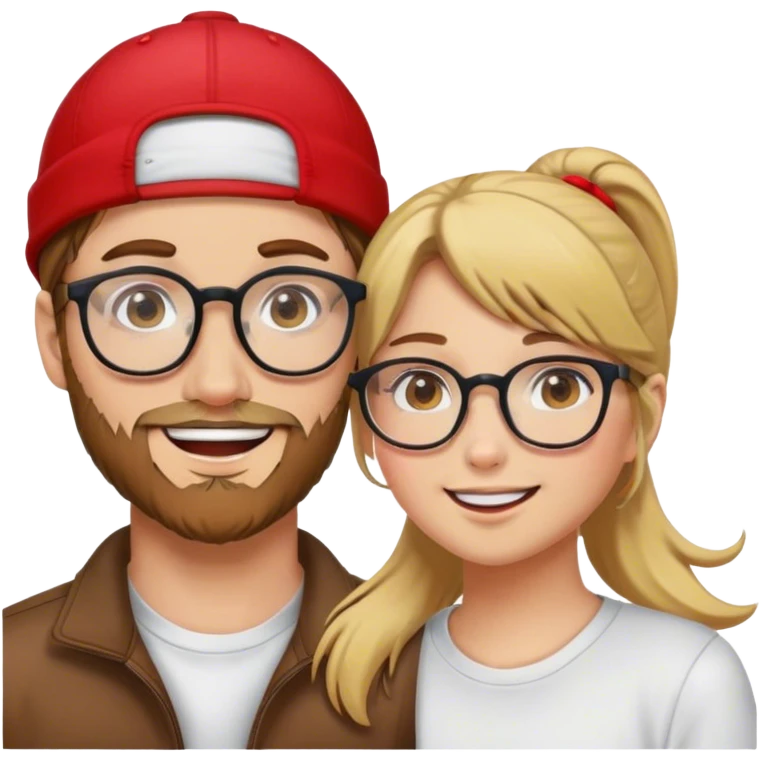 A girl with brown hair and glasses is in love with a blond guy in a red cap and a blond beard emoji
