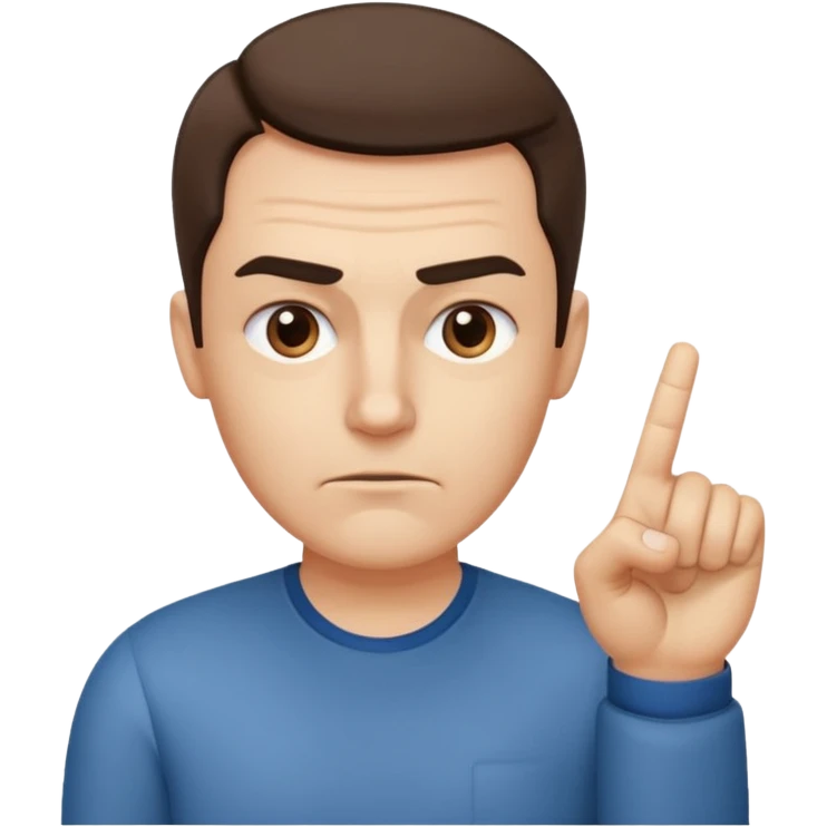 iOS-style 3D emoji: a person with slightly furrowed eyebrows, serious expression, head tilted forward, index finger raised and wagging, with motion lines around the finger to show movement emoji