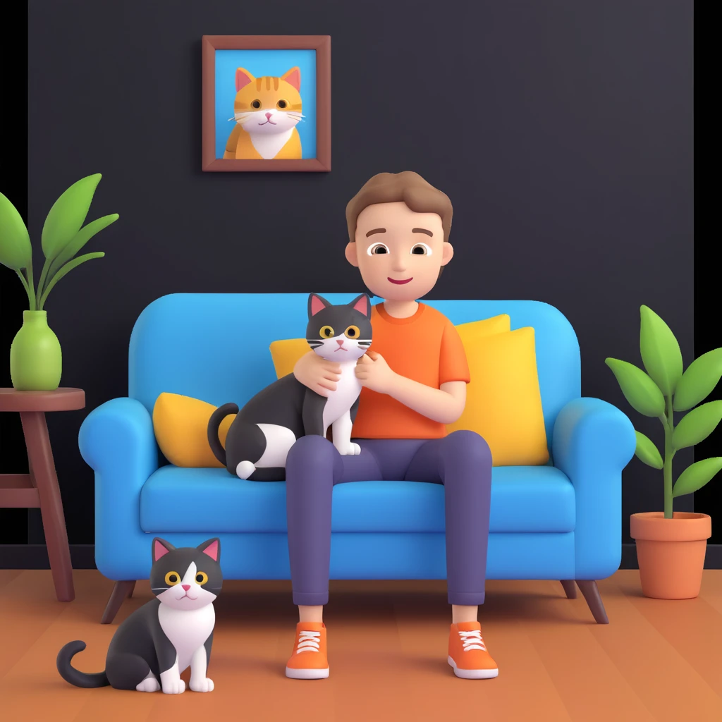 boy and cat pet, living room background emoji
