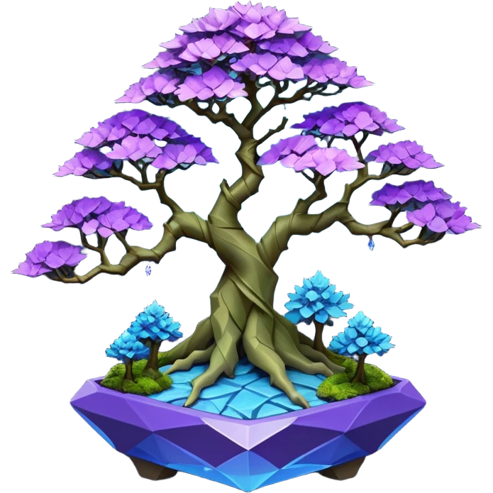 Futuristic wild glowing space alien moss maples Bonsai hair-fine-leaf group multi faceted intricate crystal inspired boxwood purple rose blue informal rocky cliffhanger eight trees forest planting in shallow origami slab style pot with big animal-like feet  emoji