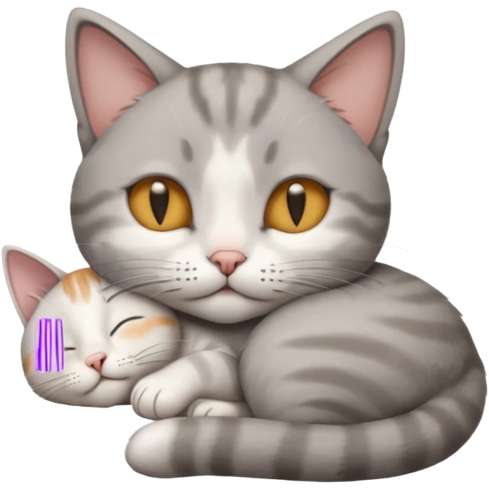 grey and white small cat with its eyes closed lying down leaning on his elbow with his paw curled under his head holding it up emoji