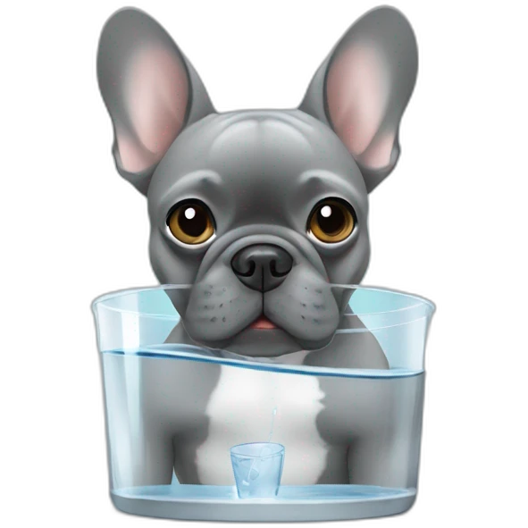 grey french bulldog drinking water with a glass emoji