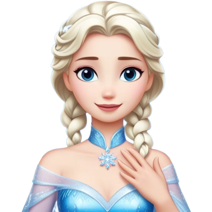 Cinematic Elegant Elsa Portrait Emoji, Standing gracefully with snowflakes forming in her hands, a soft yet confident smile, frosty shimmer surrounding her, a queen in perfect icy splendor! emoji