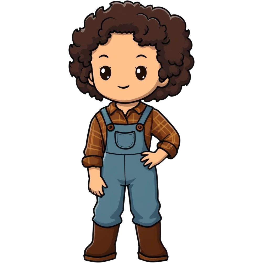 white girl with dark brown curly hair, brown eyes, wearing farm clothes emoji