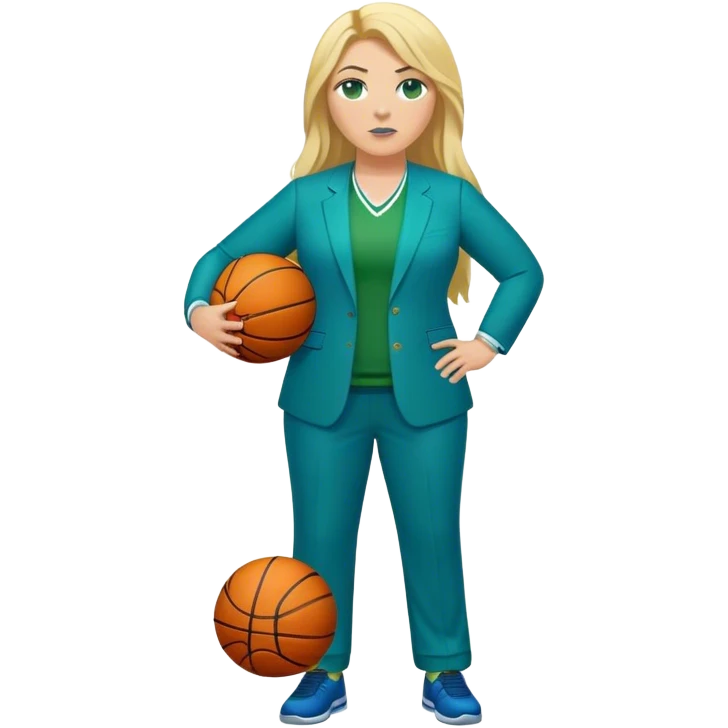 Full Body white plus size female basketball head coach with long blonde hair in a blue and green suit emoji
