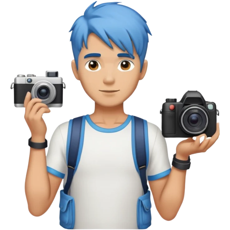 blue hair full body handsome man with camera and beach outfit  standing emoji