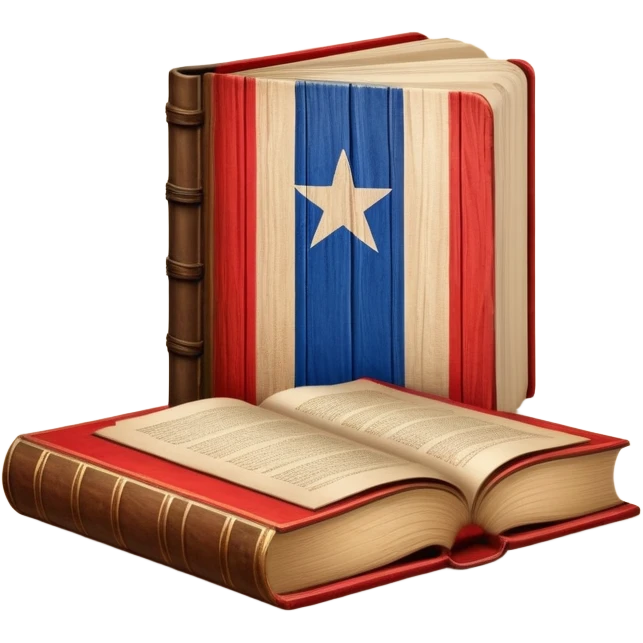 Elegant aged book with the Puerto Rican flag embossed on the cover, wooden theater stage symbol, vintage textured cover with warm wood and parchment tones, slightly glowing, representing the eternal legacy of scenic design in Puerto Rico emoji
