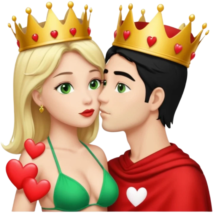 Blonde Queen with crown Green eyes Bikini whole body Kissing man black Hair Hearts  emoji