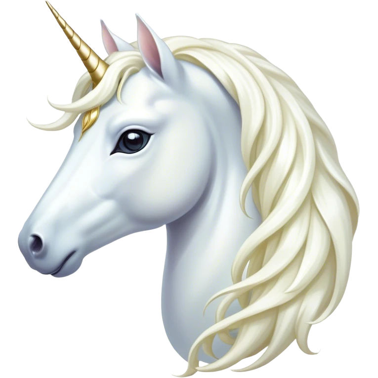 Cinematic Noble White Unicorn Portrait Emoji, Poised and regal, with a slender, ethereal form draped in a pristine white color, a flowing mane and tail, and a glistening, spiraled horn that radiates pure light, Simplified yet sharp and sophisticated features, highly detailed, glowing with a soft, iridescent luminescence, high shine, intelligent and transcendent, stylized with an air of mythical enchantment, focused and serene, soft glowing outline, capturing the essence of a watchful and confident white unicorn that appears ready to prance out of the screen with magical grace! emoji