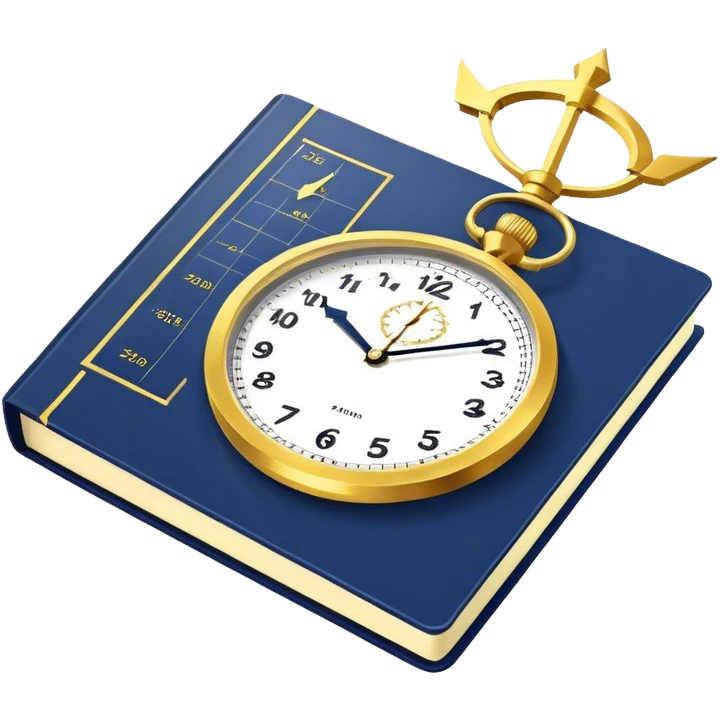 A navy blue productivity book with gold details, running clock and chart with upward trend aura, radiating productivity, strategy, and success in motion with time and happiness yellow emoji