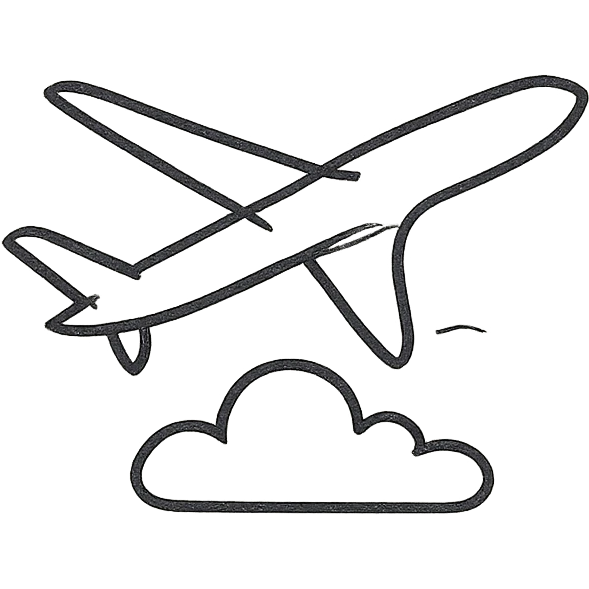 delicate and feminine fine line tattoo of an airplane and a cloud, smooth lines, minimalistic emoji