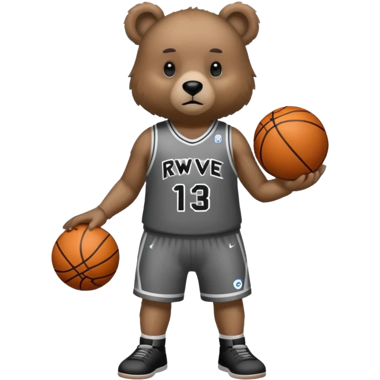 Bear with full body and wearing basketball black and gray jersey that says RWE  emoji