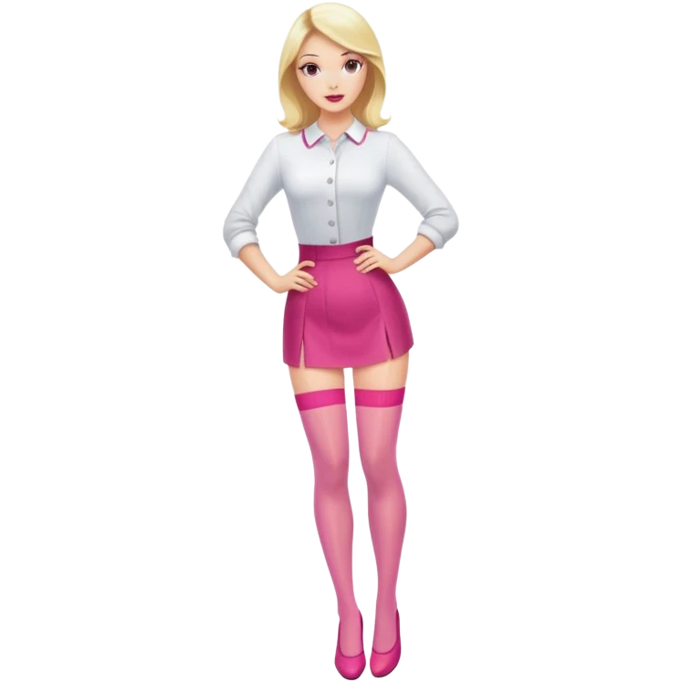 Fashionable blonde woman with pink nylon stockings, confident pose emoji