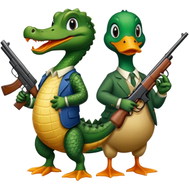 Alligator and a duck holding a gun emoji