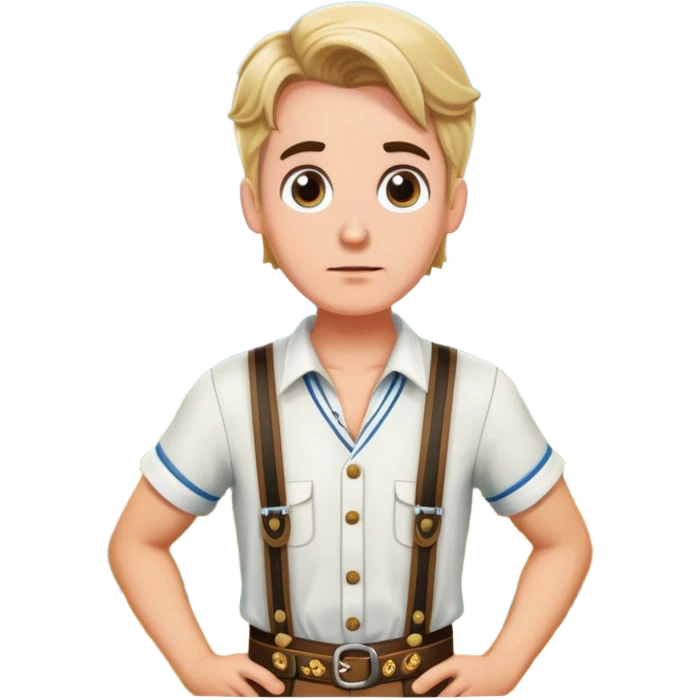 German person in Bavarian lederhosen shrugging with Sicily landscape in background emoji