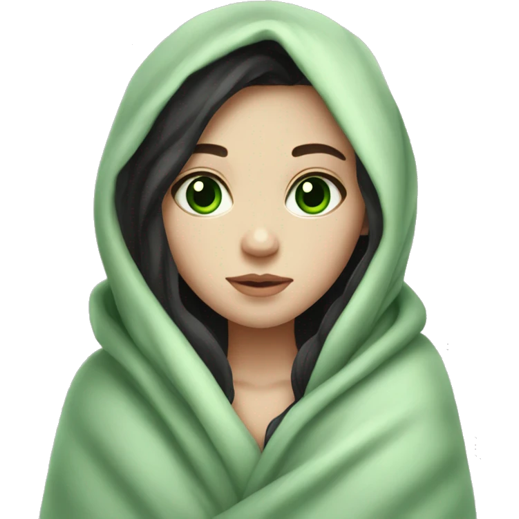 Pale girl with dark hair green eyes wrapped in a blanket cozy  emoji