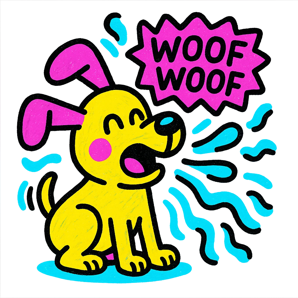 cute dog with floppy ears, barking 'Woef Woef', surrounded by colorful sound waves, pop colors style emoji