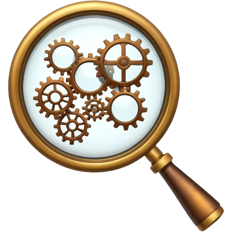 mechanical magnifying glass with steampunk design, cogs, shiny and playful, emoji style, no text emoji