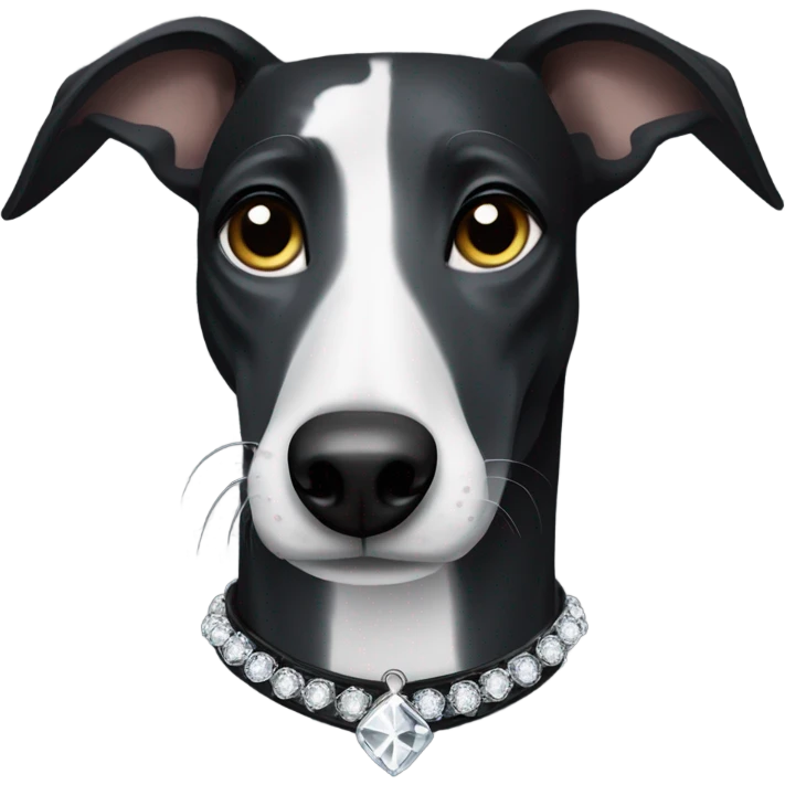 Black greyhound with white diamond shaped spot wearing a black collar  emoji