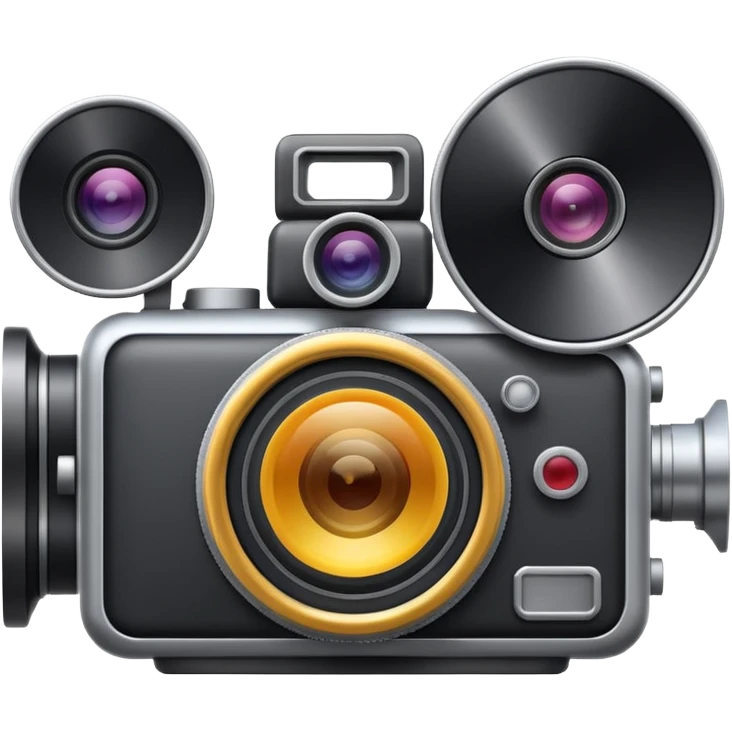 Minimal emoji icon of a huge cinematic metalic camera, front view, realistic lens, no gold emoji
