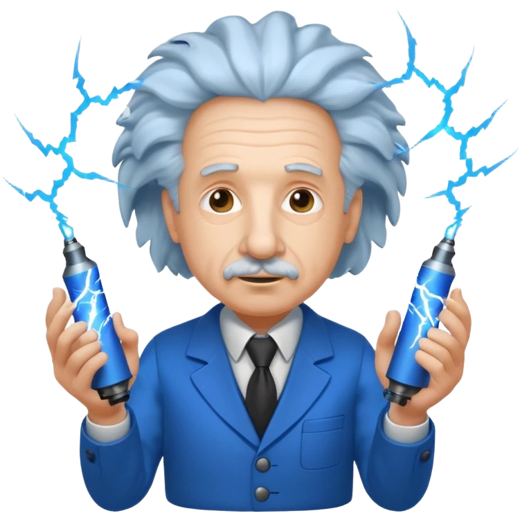 make albert einstein holding two tesla coils with lightning  emoji