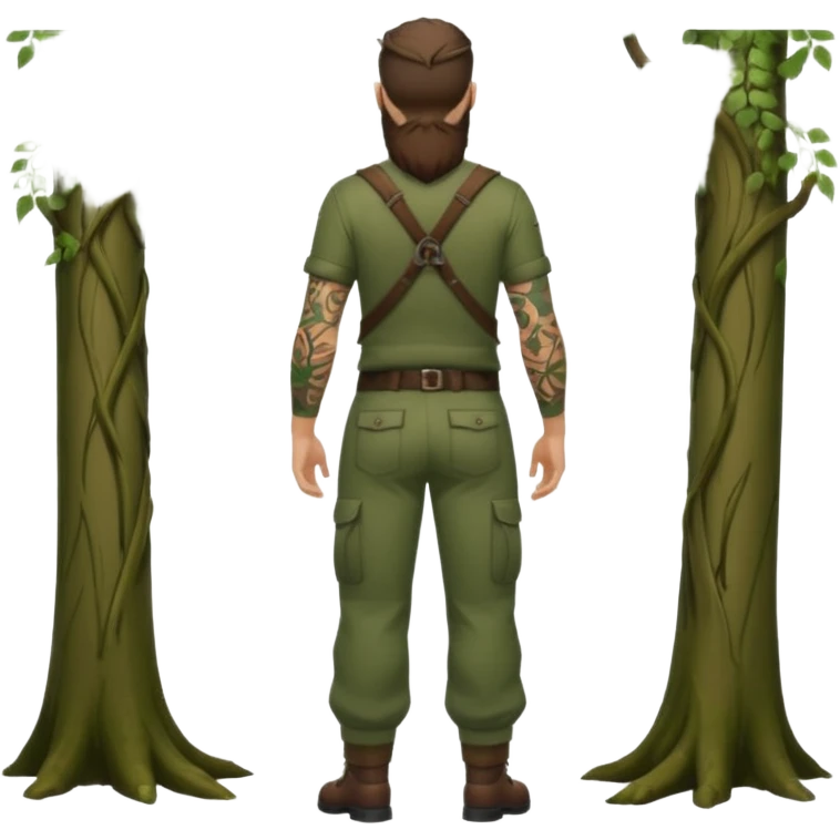 full body ranger style man, medium beard, from behind, low waist forest trousers, vine tattoos across back emoji