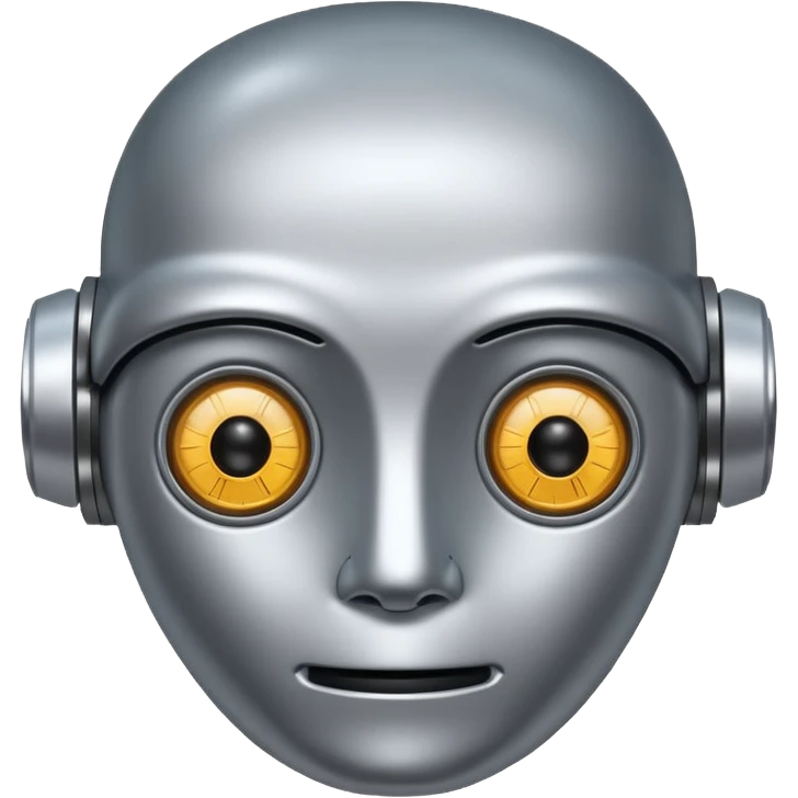 A friendly robot face with innocent eyes and an uncovered brain emoji