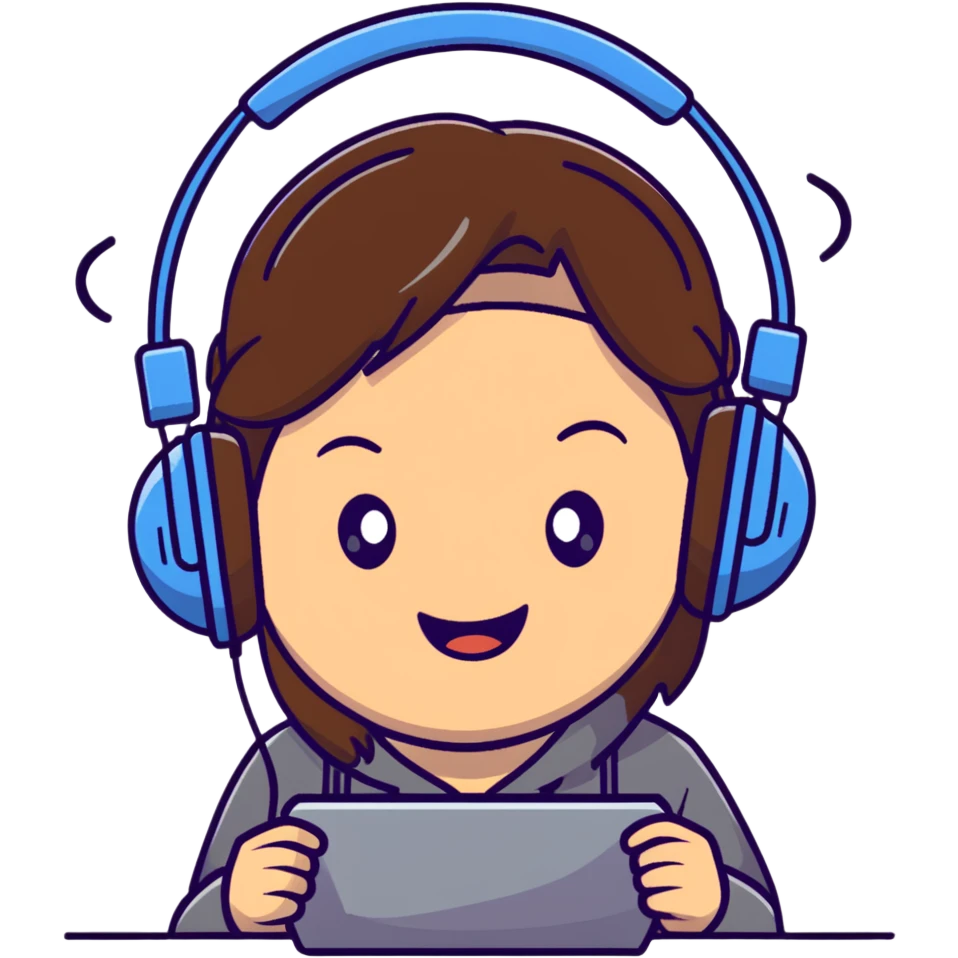 brown-haired gamer girl, excited expression, headphones, head only, emote emoji