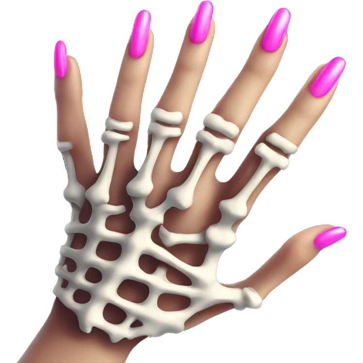 Pretty skeleton 5 fingers hand with pink nails manicure girly design but stylish minimalistic emoji