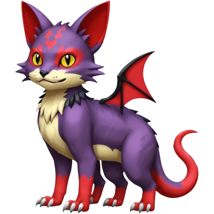 with red markings, white belly, scaley scaly batty feline-like quadrupedal digitigrade furry feral Bastet-Noibat-Gatomon-Garchomp-Digimon-Fakémon-Pokémon-creature (full body) emoji