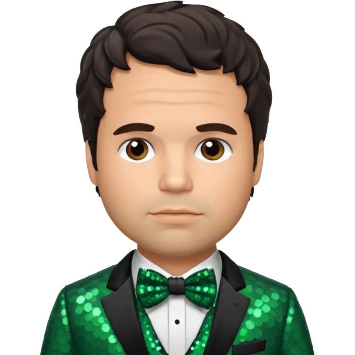 Mark Ruffalo with dark brown hair, dark green sequin suit with bow tie emoji