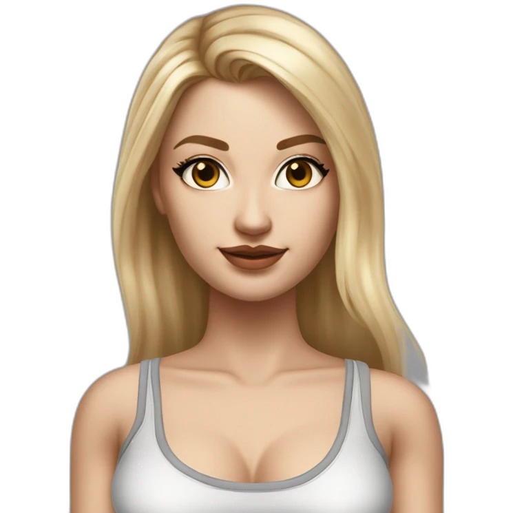 hyperrealist caucasian, long blonde hair, brown eyes, woman, white decollette tank top, gray tight mini skirt, black high heels, frontal view emoji